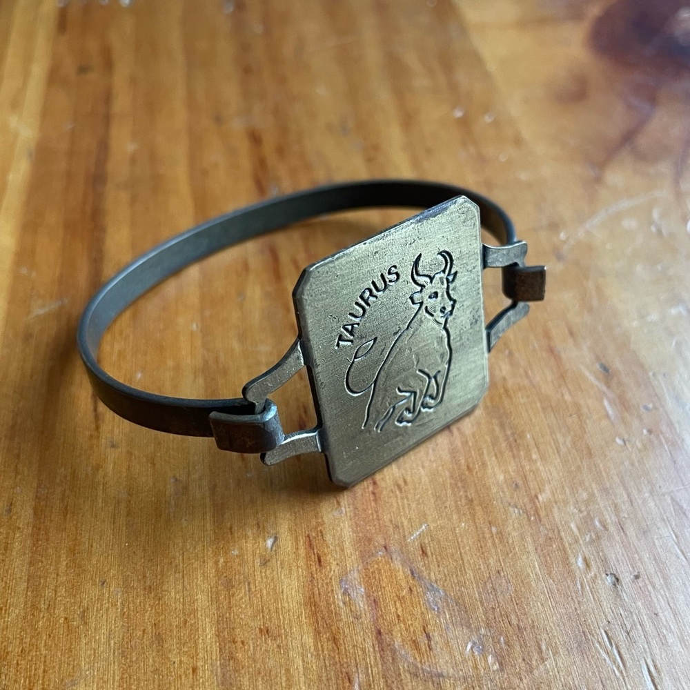 Rare Vintage 1960s Taurus Zodiac Gold Tone Hook Bangle Cuff Bracelet Boho Hippie